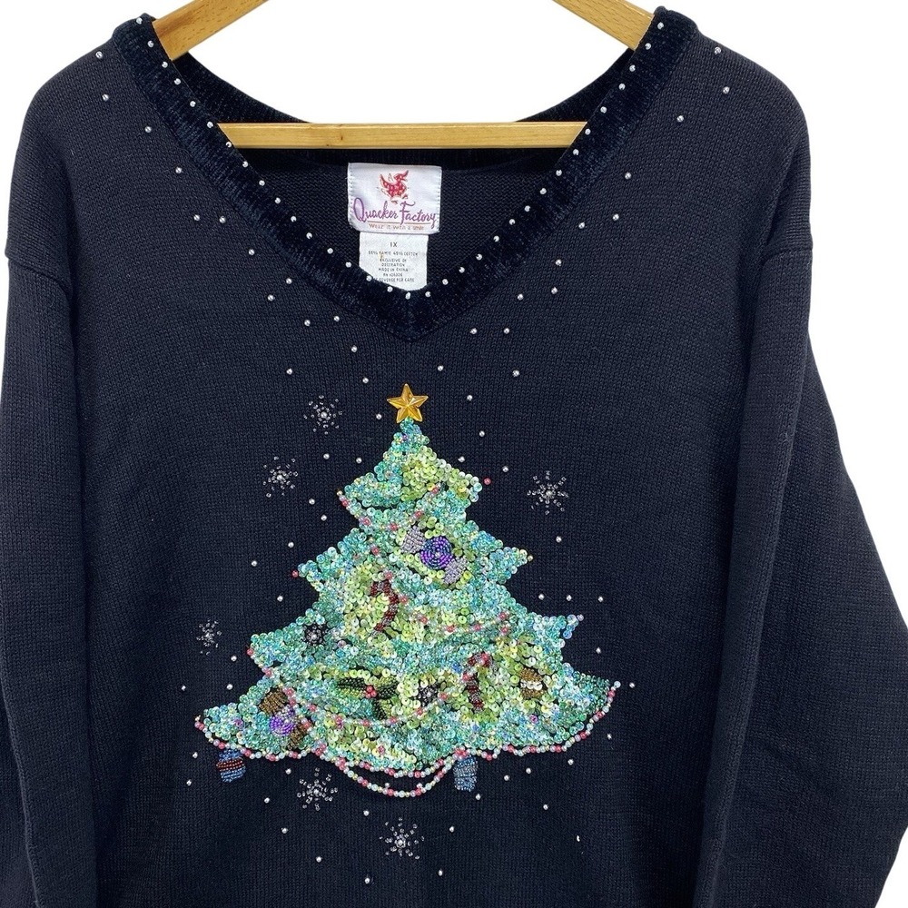 Vintage 90s Quacker ‎ Factory Embellished Black Christmas Sweater Women's 1X